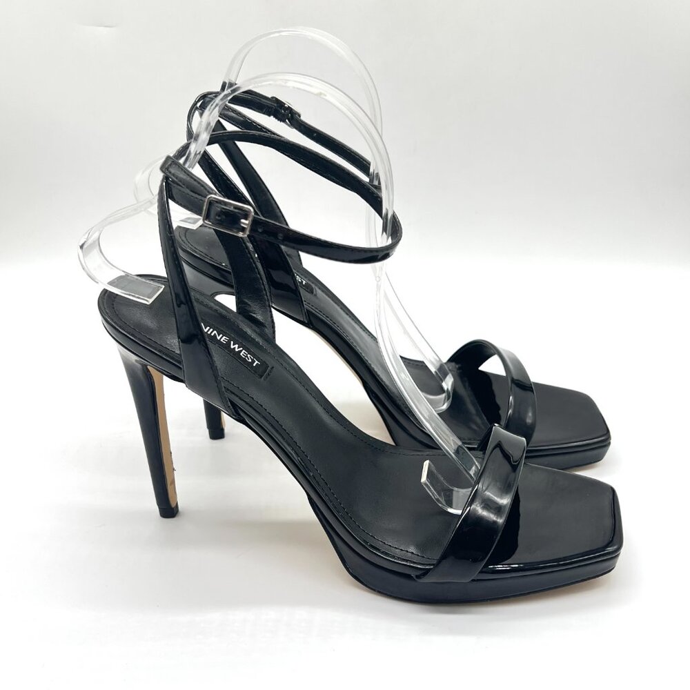 Nine West Size 10 10M Zadie Black Patent Square Toe Heels Dress Sandals Shoes